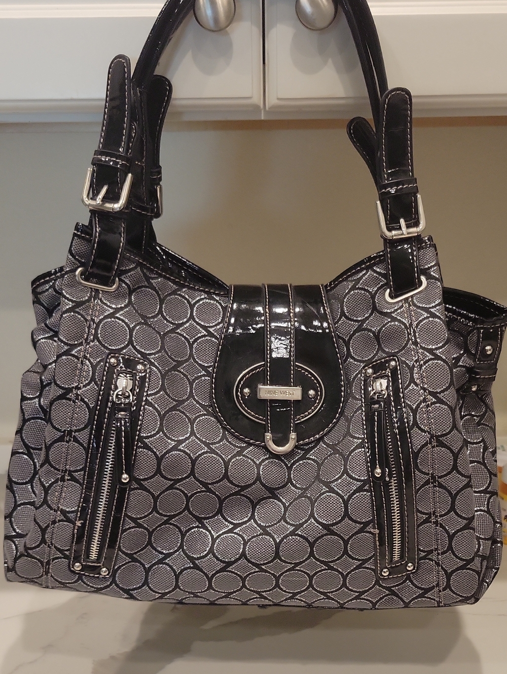 Nine West Silver and Black Patterned Tote Handbag - Designer Style
